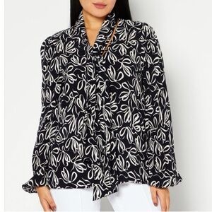 Elegant Ted Baker Caarina bow pattern Women's Top with neck tie and puff sleeve